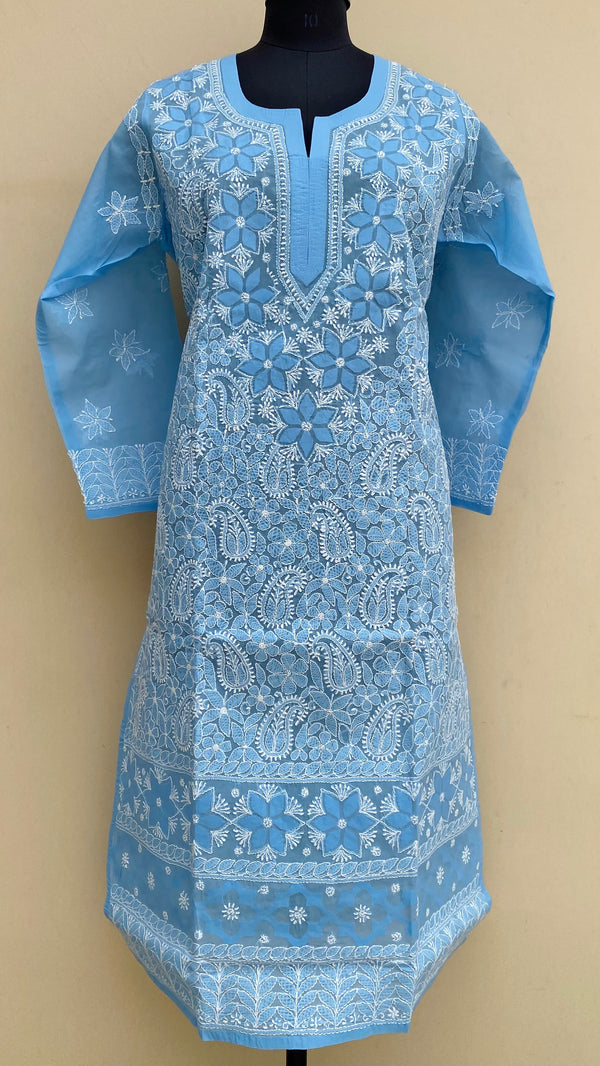 Lucknowi Chikankari Kurti Blue Cotton With Applique Work