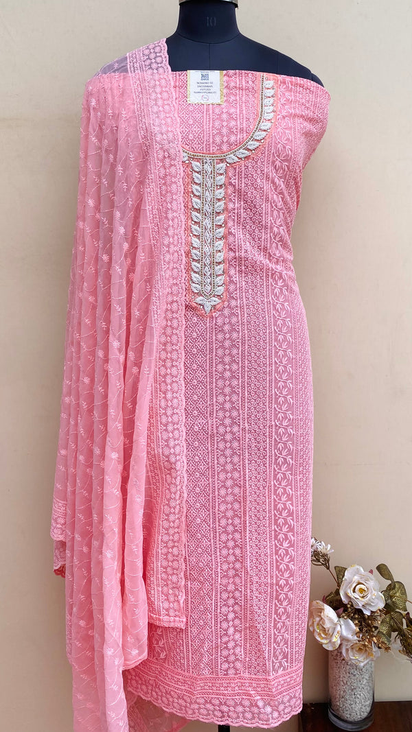 Lucknowi Chikankari Suit Length 3 Piece Pink Georgette With Pearl & Cutdana Work