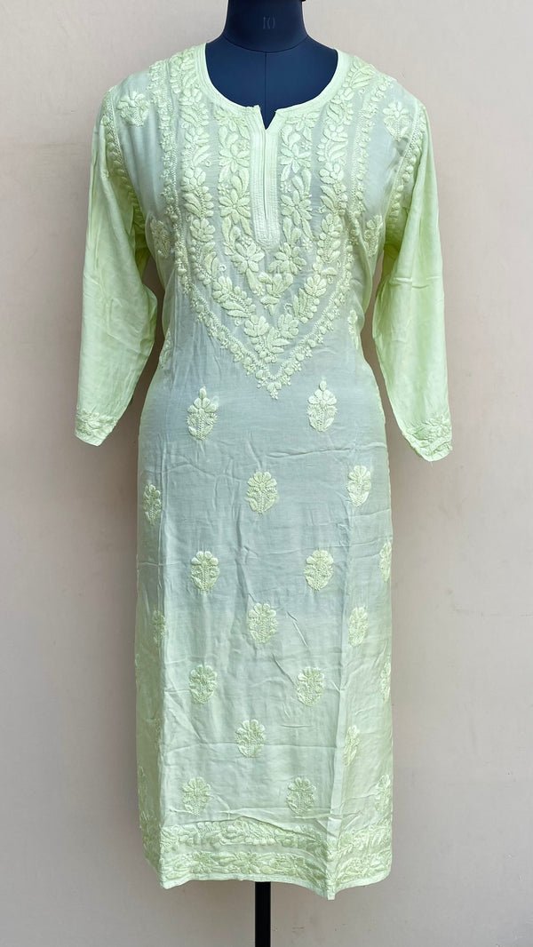 Lucknowi Chikankari Kurti Pista Green Muslin Cotton With Self 3D Work