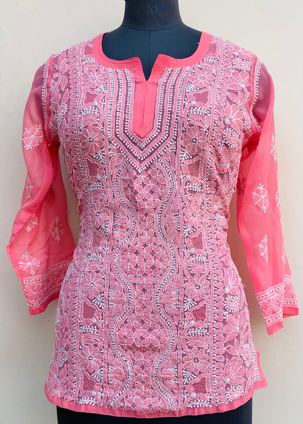 Lucknowi Chikankari Short Kurti Gajri Georgette With Jaali Work