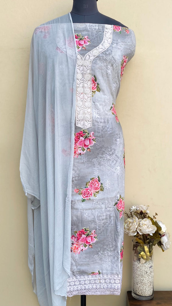 Designer Embroidered Suit Length 3 Piece Gray Mal Cotton