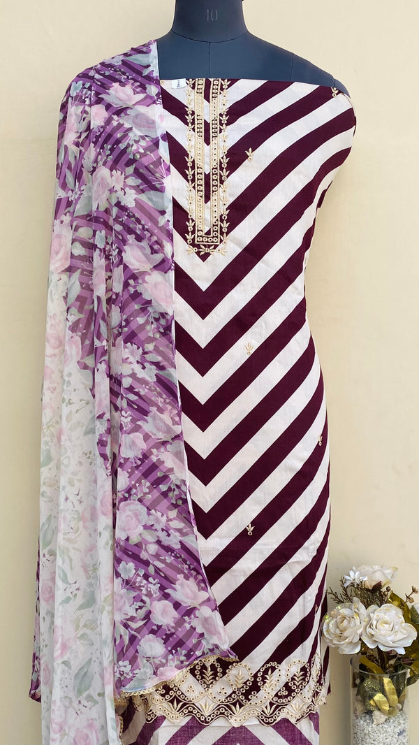 Designer Embroidered Suit Length 3 Piece Wine Mal Cotton