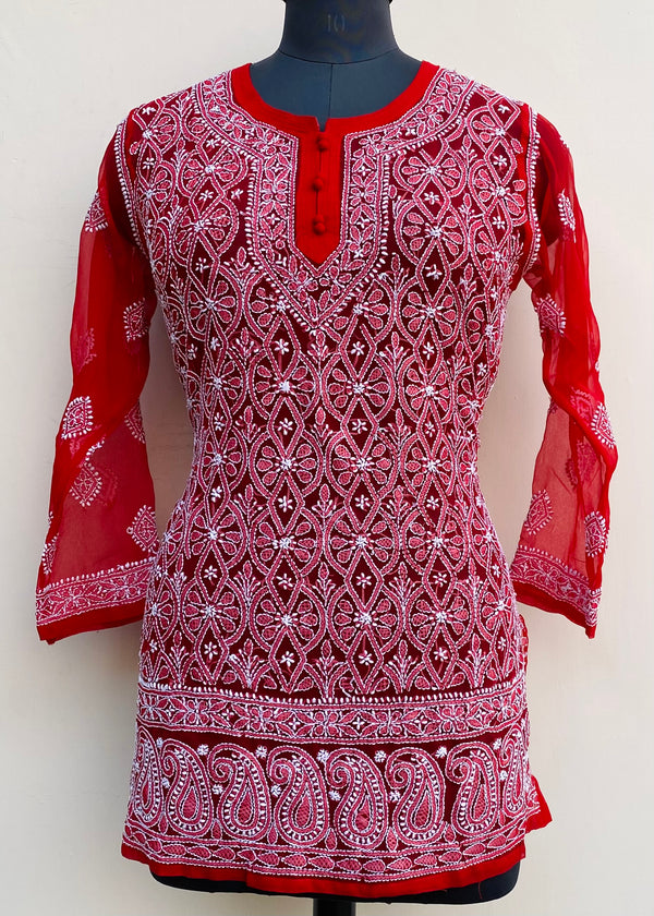 Lucknowi Chikankari Short Kurti Red Georgette