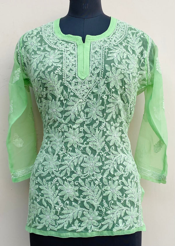 Lucknowi Chikankari Short Kurti Parrot Green Georgette