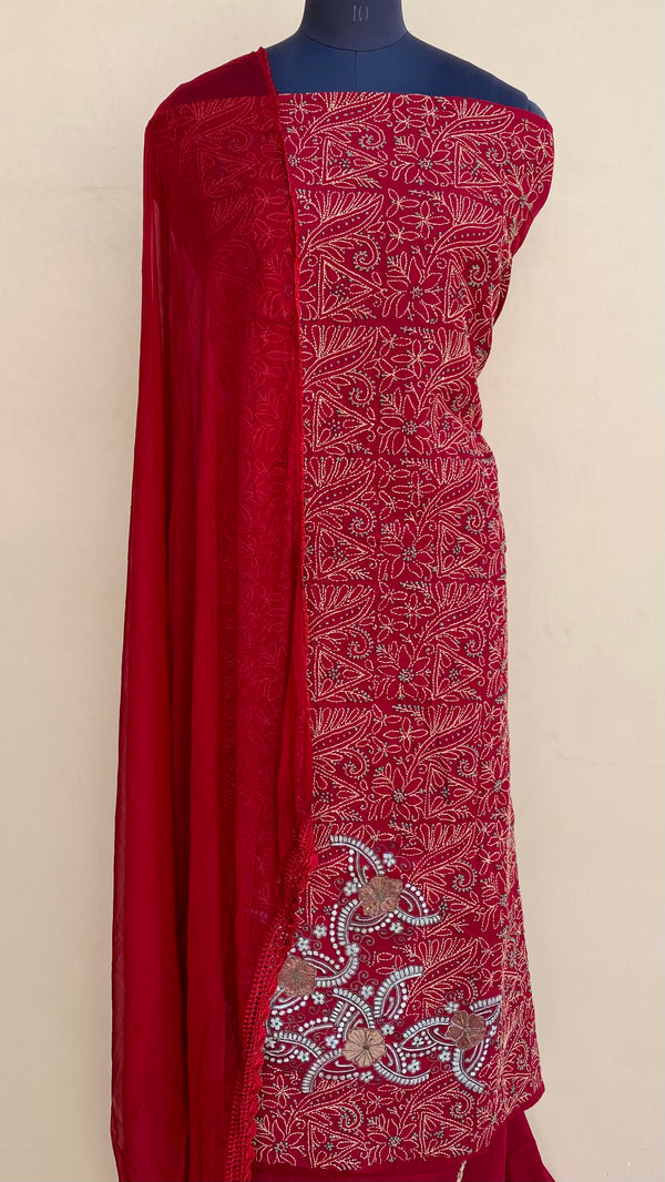 Lucknowi Chikankari Suit Length 3 Piece Red Cotton