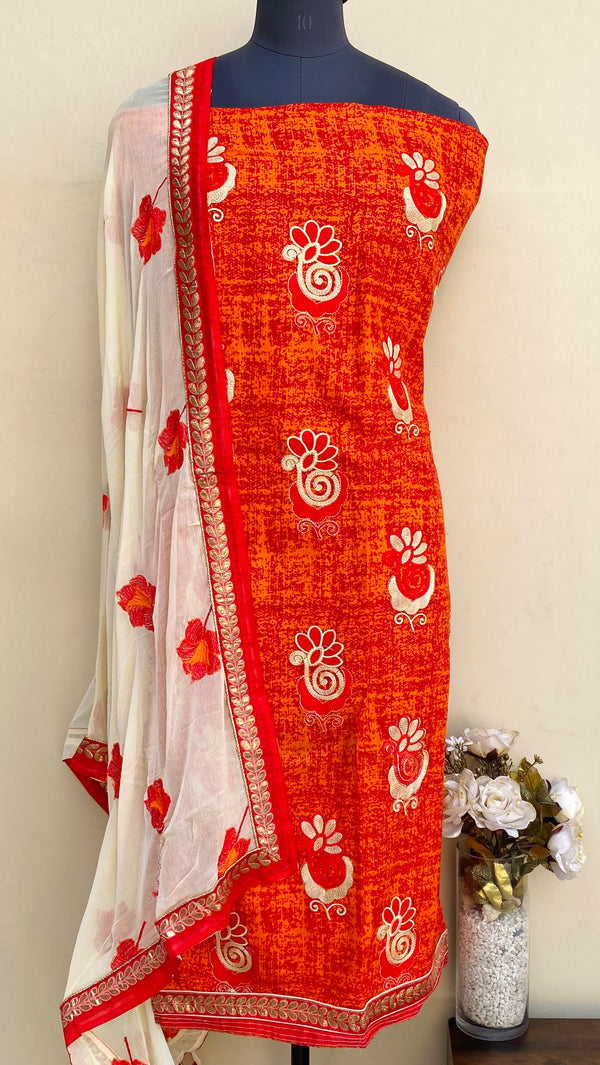 Designer Embroidered Suit Length 3 Piece Red Mal Cotton