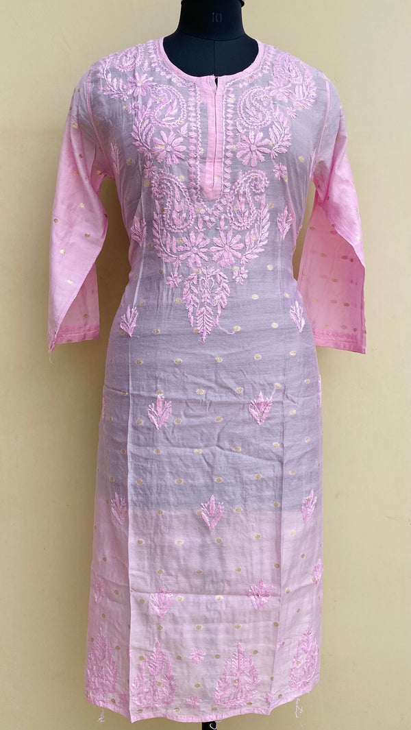 Lucknowi Chikankari Self Kurti Pink Mal Chanderi With 3D Work