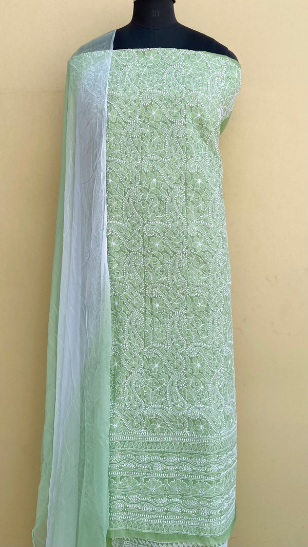 Lucknowi Chikankari Suit Length 3 Piece Teal Green Cotton