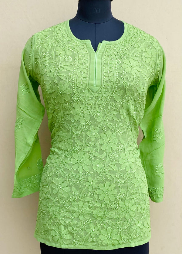 Lucknowi Chikankari Short Kurti Green Pure Georgette With Resham Work