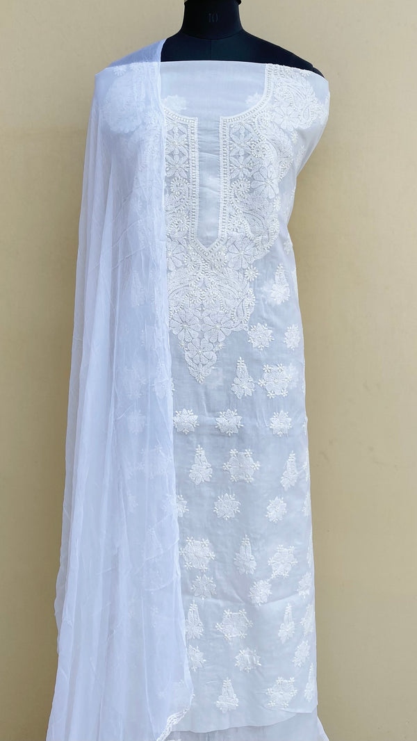 Lucknowi Chikankari Suit Length 3 Piece White Cotton