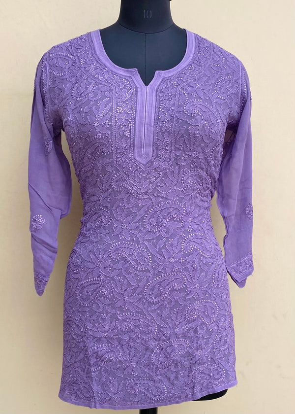 Lucknowi Chikankari Short Kurti Purple Pure Georgette With Resham Work