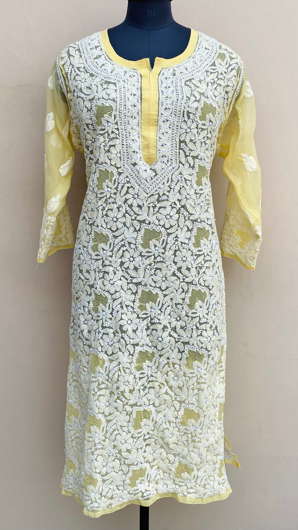 Lucknowi Chikankari Kurti Yellow Georgette With Jaali Work