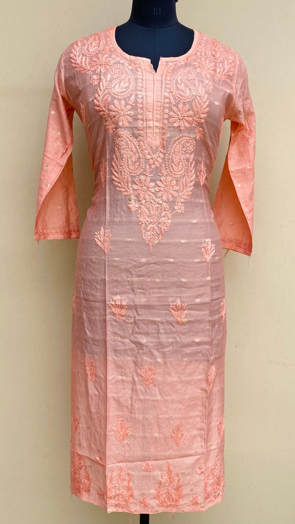 Lucknowi Chikankari Self Kurti Peach Mal Chanderi With 3D Work