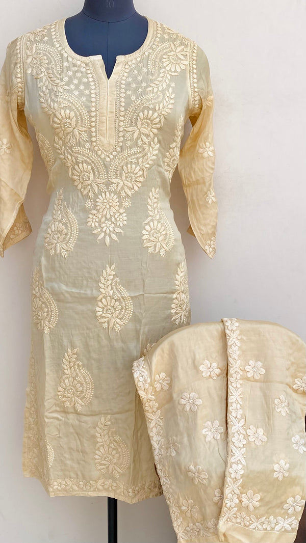 Lucknowi Chikankari Co-ord Set Beige Muslin Cotton With Self & 3D Work