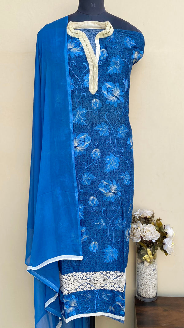 Designer Embroidered Suit Length 3 Piece Blue Mal Cotton With Pearl Work