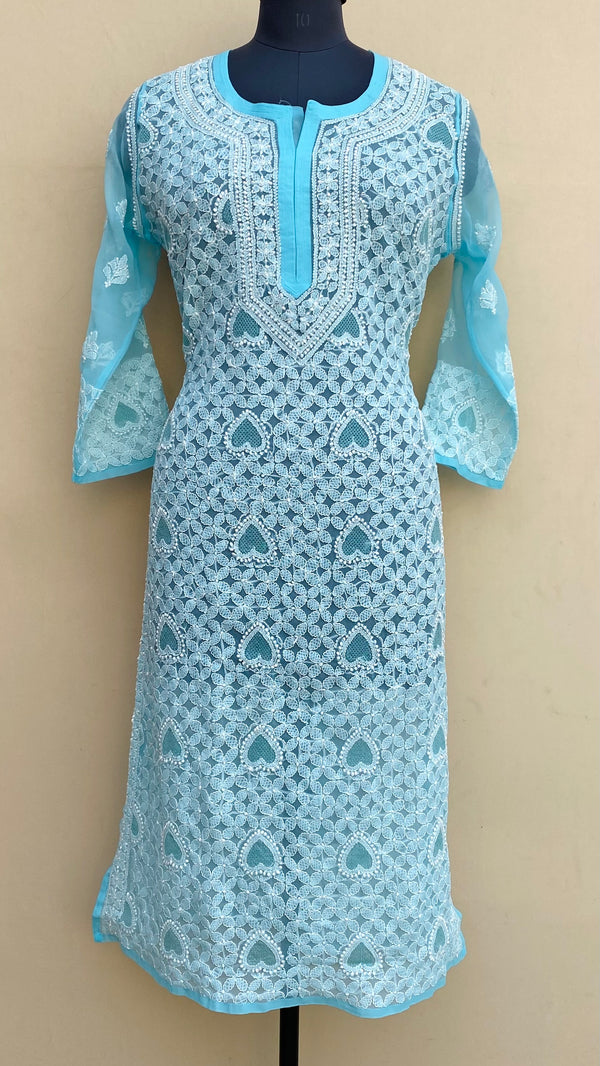 Lucknowi Chikankari Kurti Blue Georgette With Jaali Work