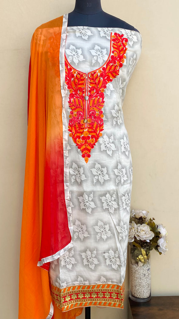 Designer Embroidered Suit Length 3 Piece White Mal Cotton