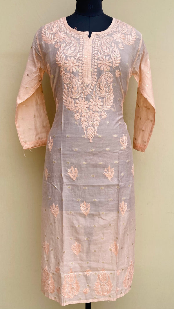 Lucknowi Chikankari Self Kurti Peach Mal Chanderi With 3D Work