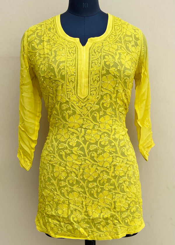 Lucknowi Chikankari Short Kurti Mehndi  Green Pure Georgette With Resham Work