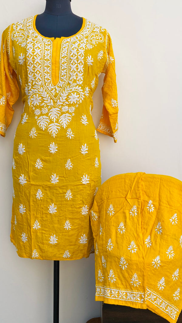 Lucknowi Chikankari Co-ord Set Mustard Modal Cotton