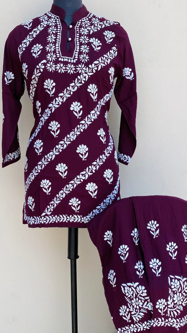 Lucknowi Chikankari Co-ord Set Wine Muslin Cotton