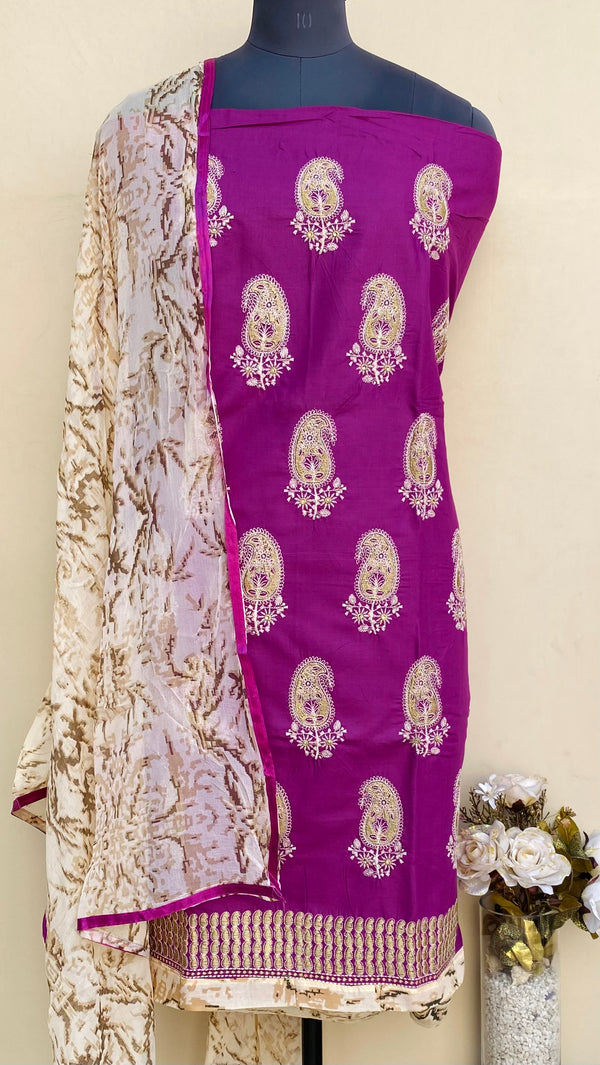 Designer Embroidered Suit Length 3 Piece Purple Cotton