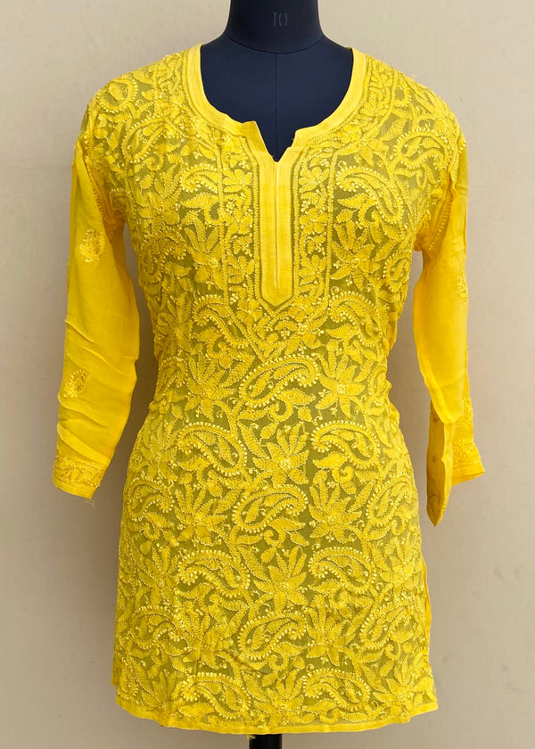 Lucknowi Chikankari Short Kurti Yellow Pure Georgette With Resham Work