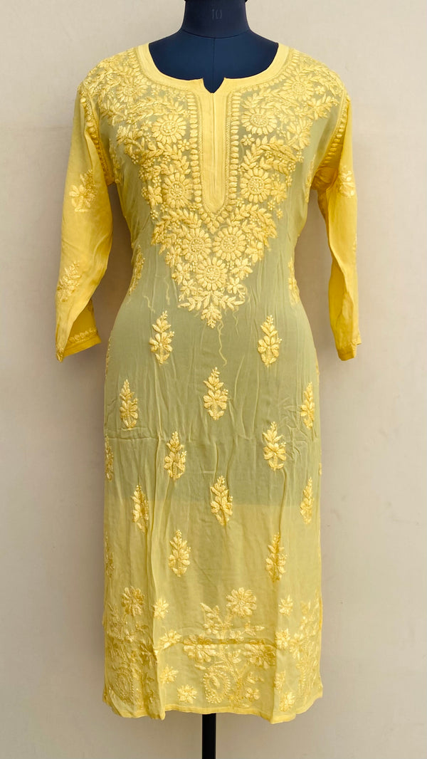 Lucknowi Chikankari Kurti Yellow Pure Georgette With Self 3D Work