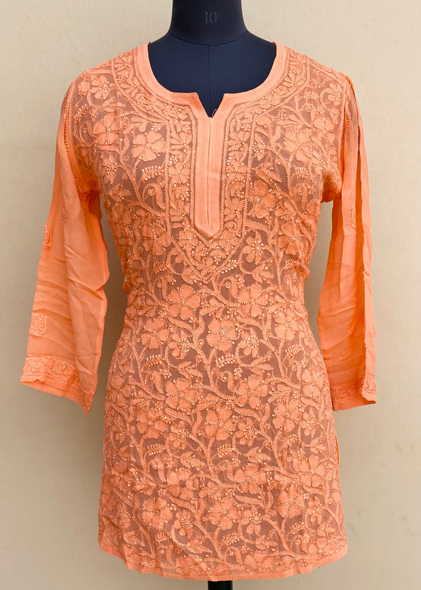 Lucknowi Chikankari Short Kurti Peach Pure Georgette With Resham Work