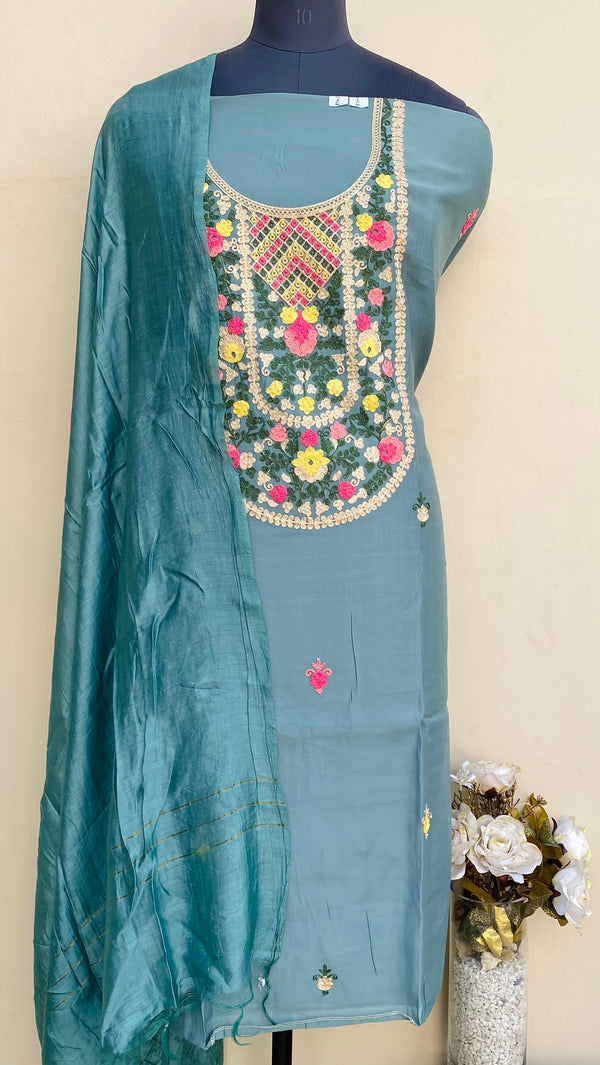 Designer Embroidered Suit Length 3 Piece Green Muslin Cotton