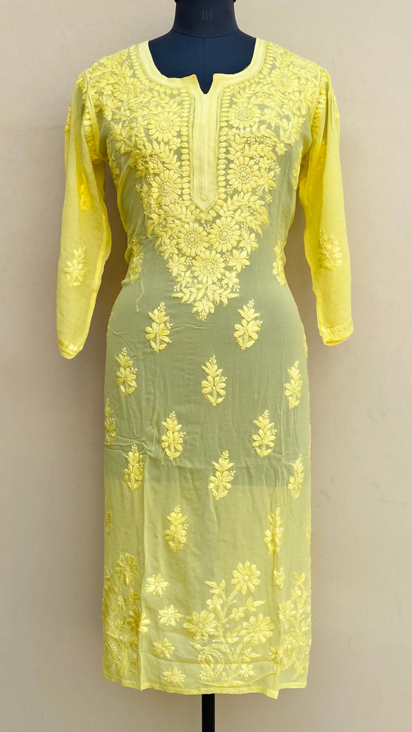 Lucknowi Chikankari Kurti Yellow Pure Georgette With Self 3D Work