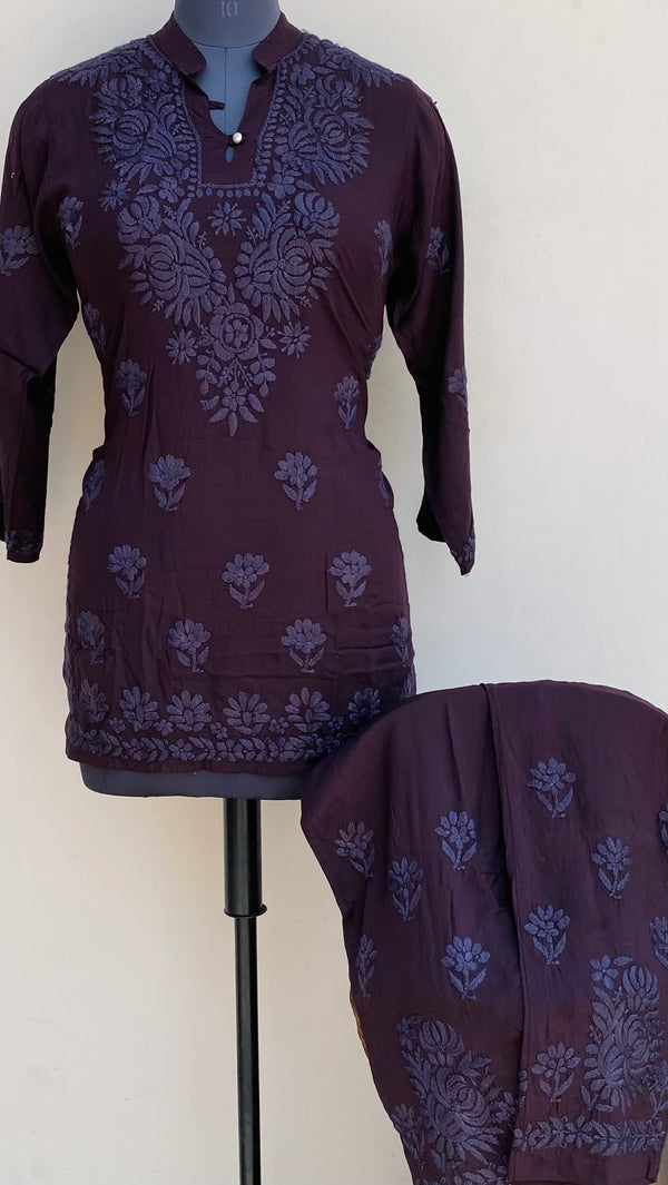 Lucknowi Chikankari Co-ord Set Wine Muslin Cotton With Self 3D Work