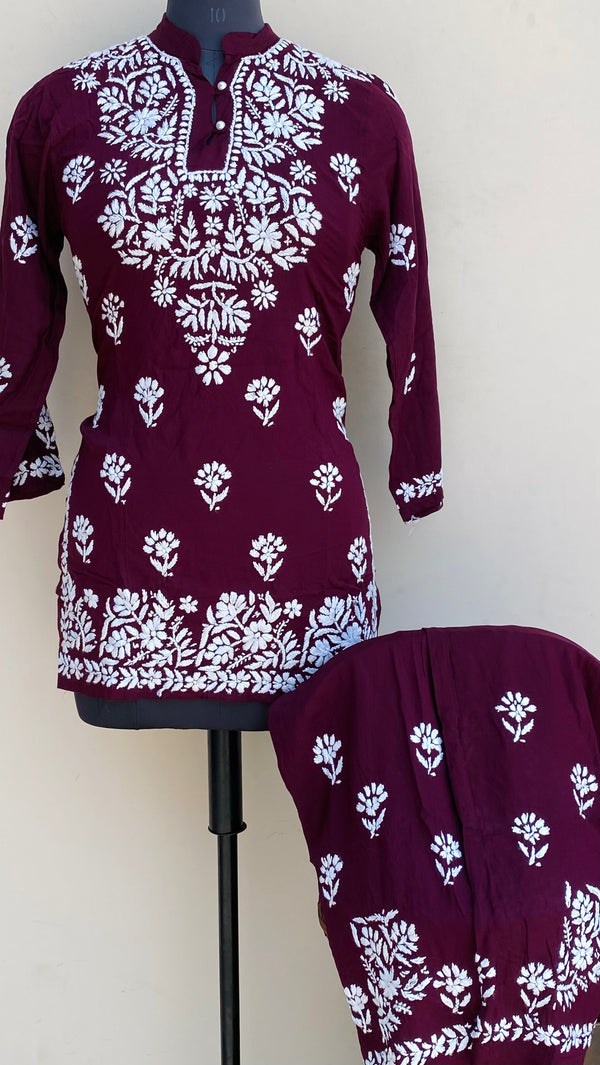 Lucknowi Chikankari Co-ord Set Wine Muslin Cotton