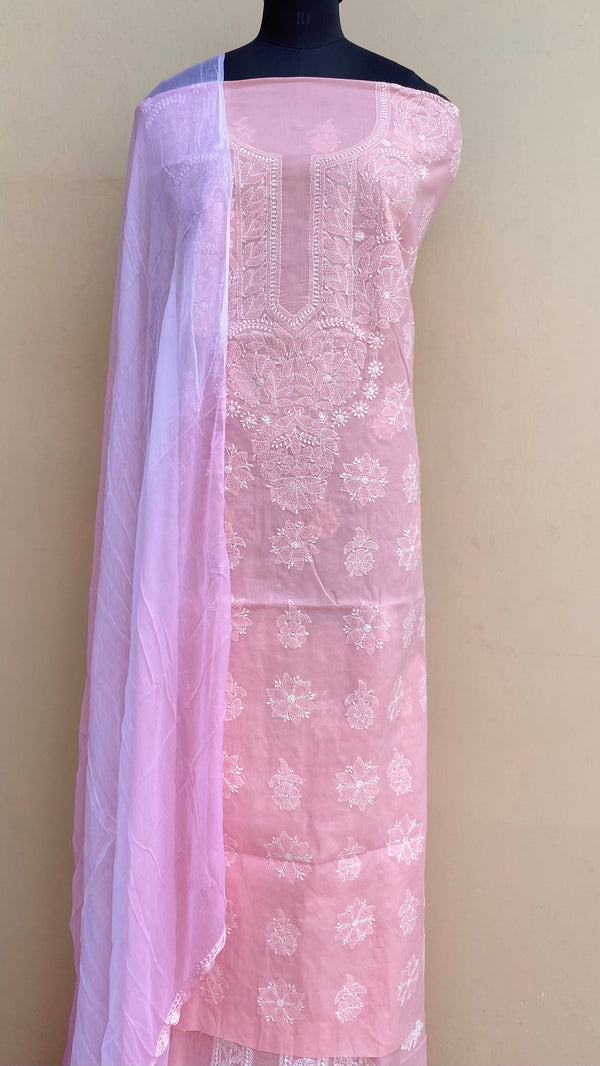 Lucknowi Chikankari Suit Length 3 Piece Pink Cotton