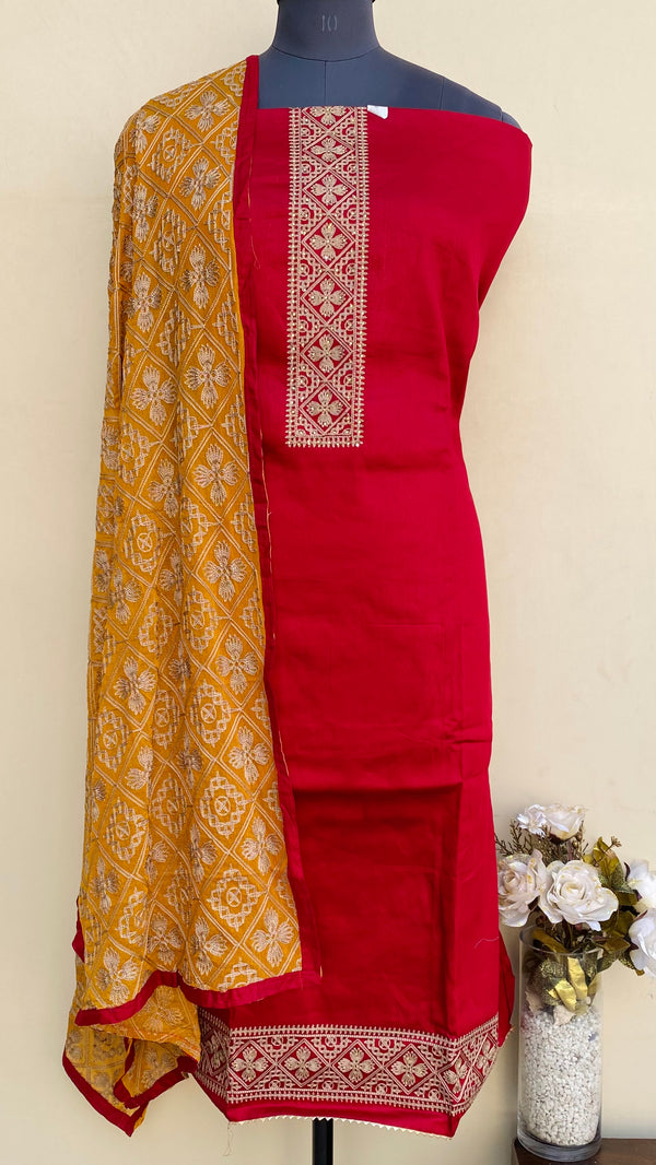 Designer Embroidered Suit Length 3 Piece Maroon Muslin Cotton