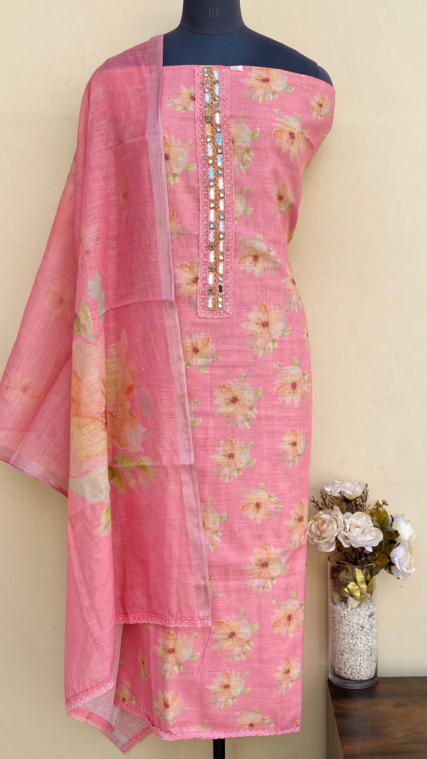 Designer Embroidered Suit Length 3 Piece Pink Linen With Mirror Work