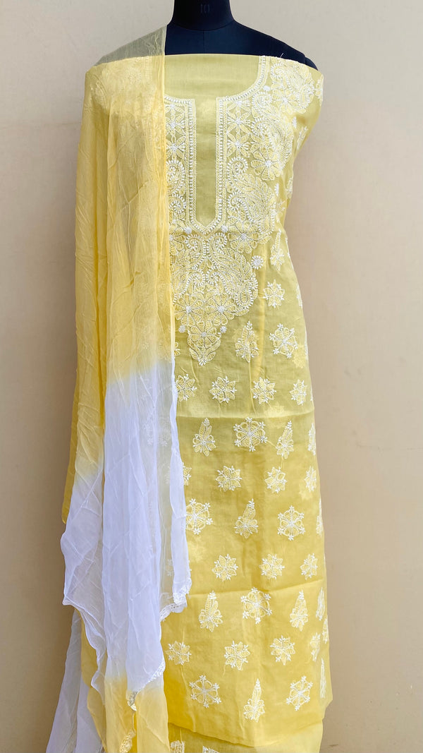 Lucknowi Chikankari Suit Length 3 Piece Yellow Cotton