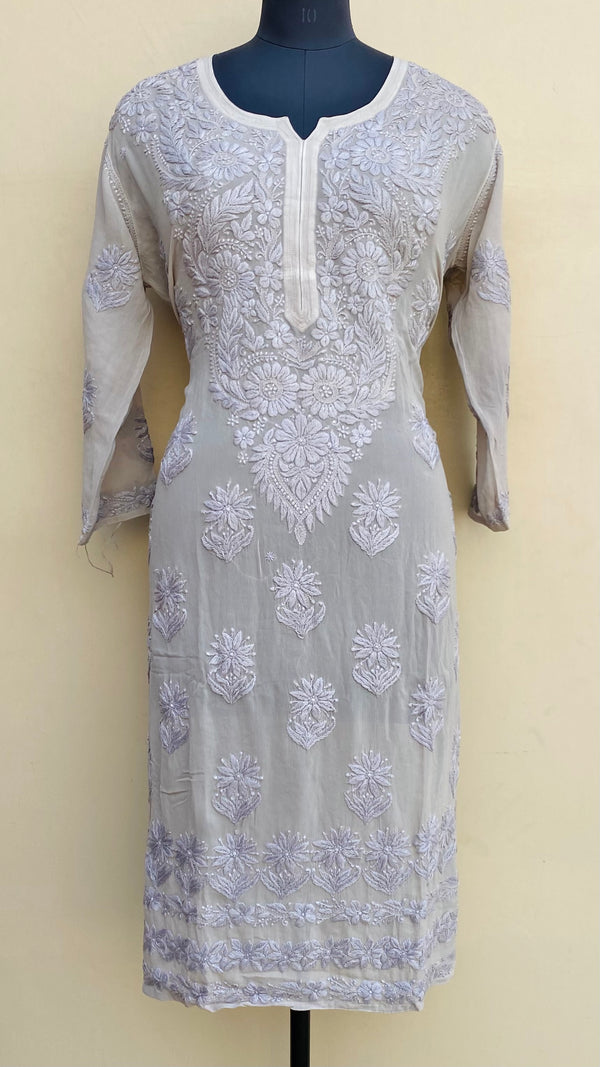 Lucknowi Chikankari Kurti Gray Pure Georgette With Self 3D Work