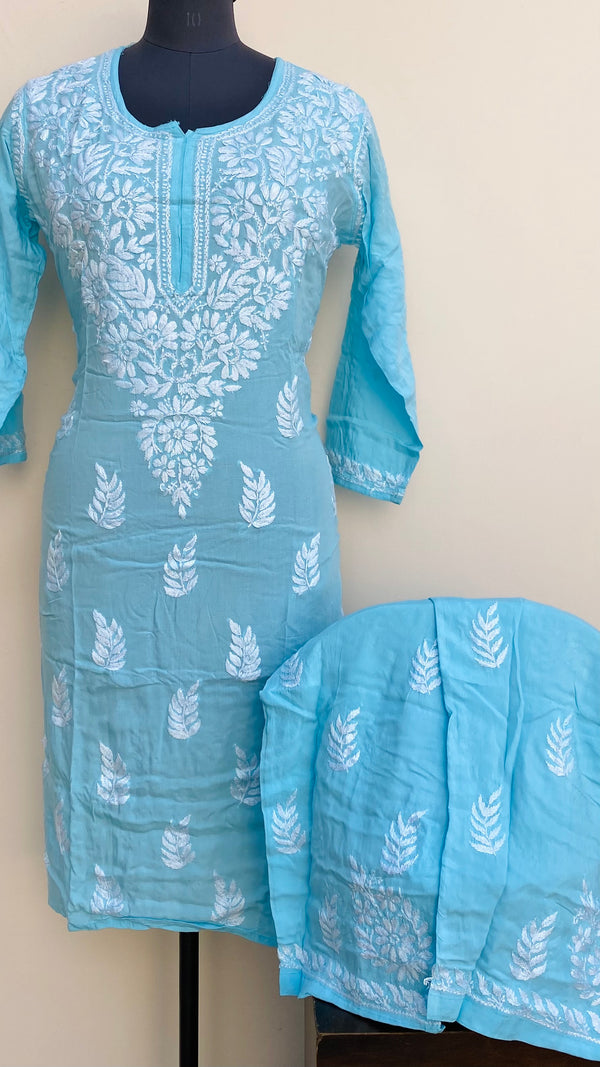 Lucknowi Chikankari Co-ord Set Blue Modal Cotton