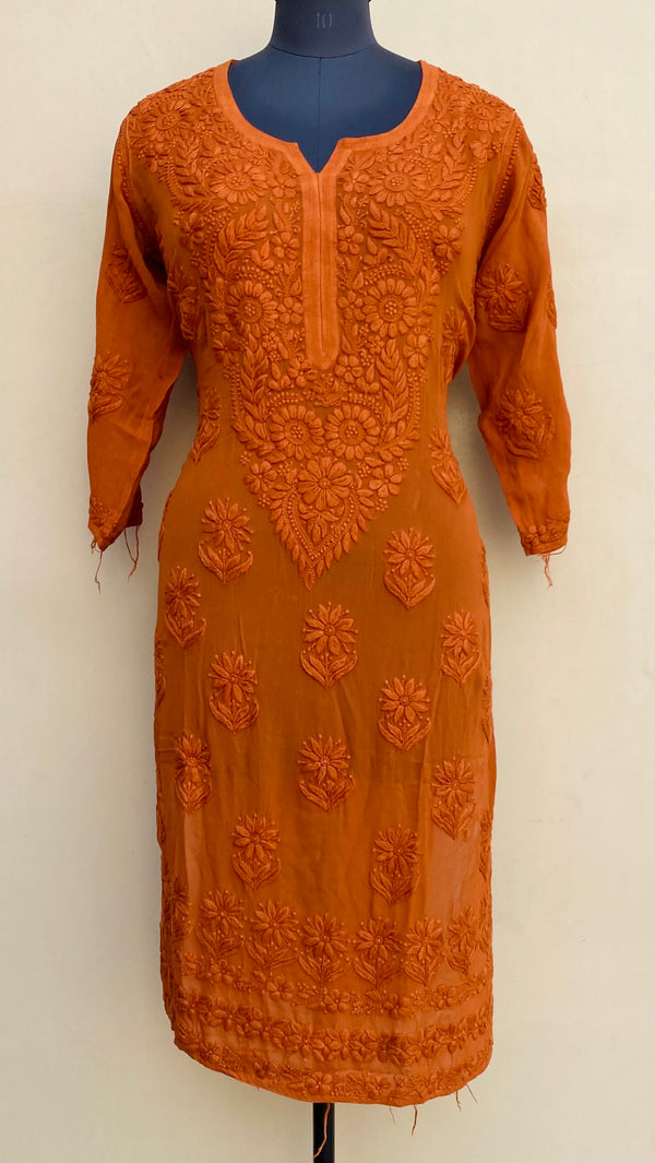 Lucknowi Chikankari Kurti Rust Pure Georgette With Self 3D Work