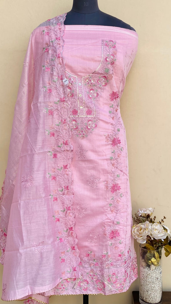 Designer Embroidered Suit Length 3 Piece Pink Mal Chanderi