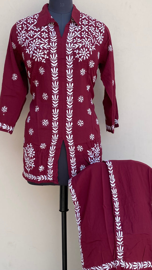 Lucknowi Chikankari Co-ord Set Maroon Muslin Cotton