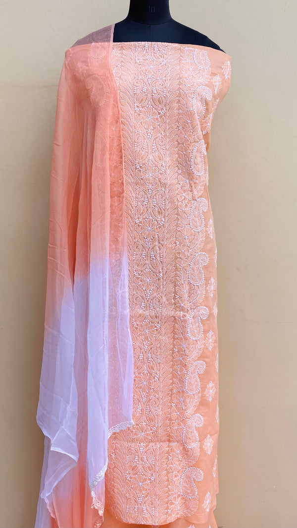 Lucknowi Chikankari Suit Length 3 Piece Peach Cotton