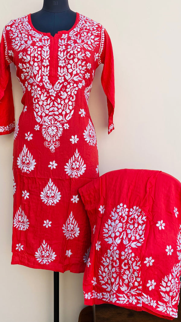 Lucknowi Chikankari Co-ord Set Red Modal Cotton