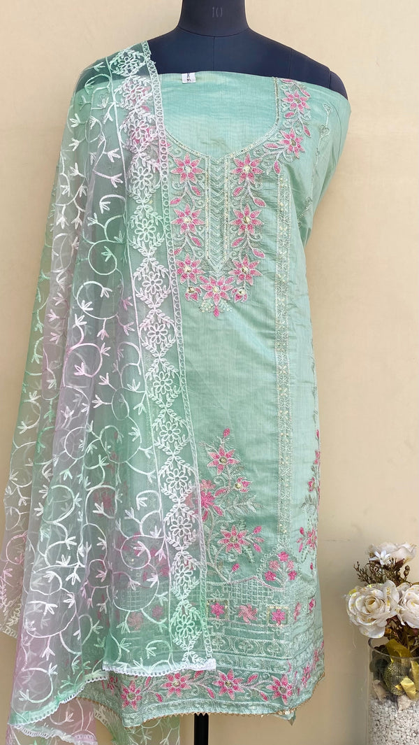 Designer Embroidered Suit Length 3 Piece Sea Green Mal Chanderi