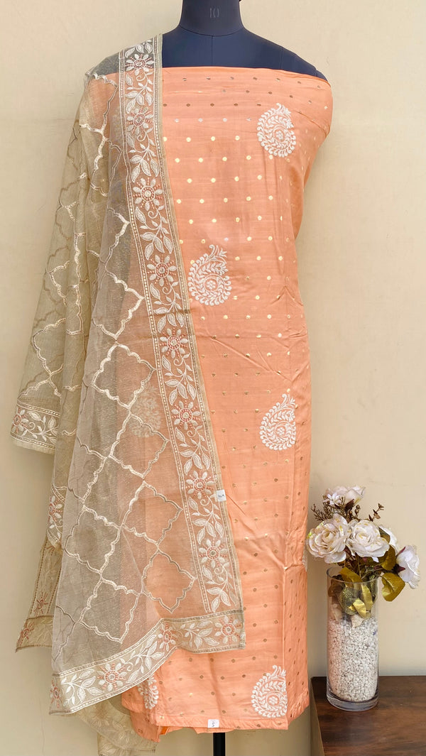 Designer Embroidered Suit Length 3 Piece Peach Mal Chanderi