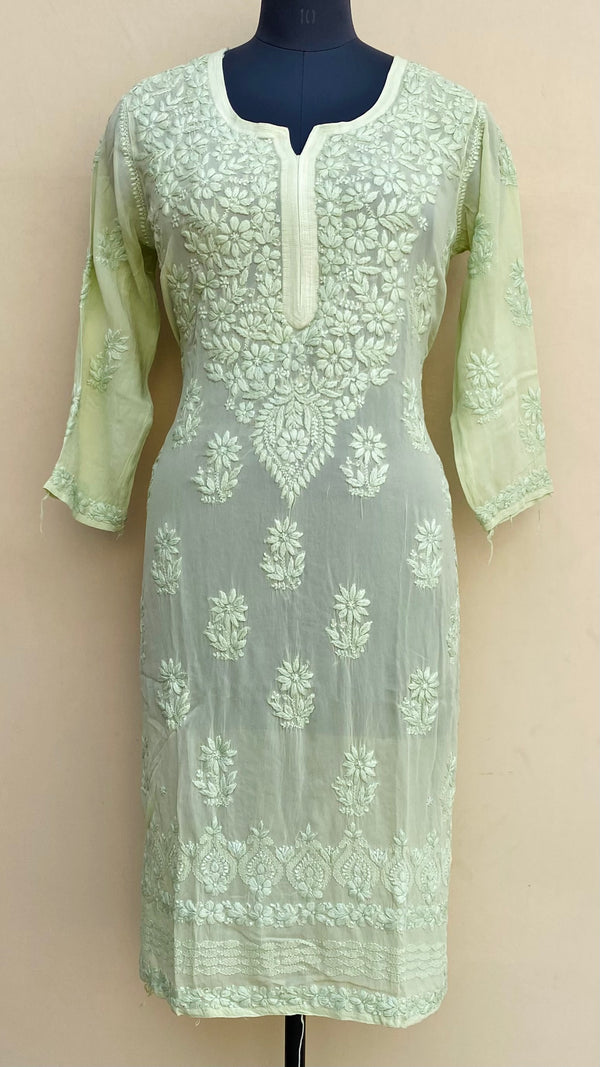 Lucknowi Chikankari Kurti Pista Green Pure Georgette With Self 3D Work