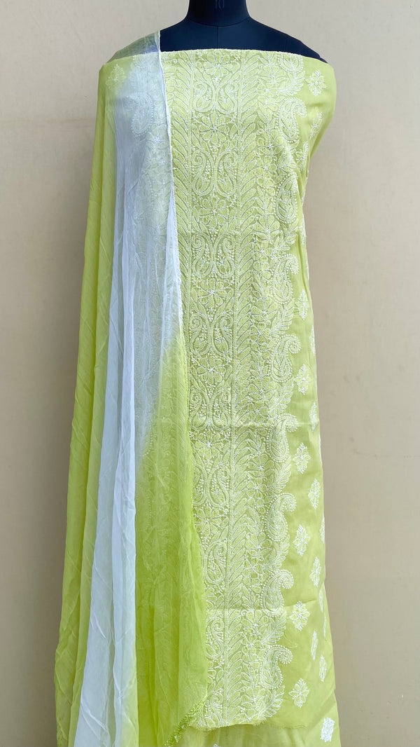 Lucknowi Chikankari Suit Length 3 Piece Parrot Green Cotton