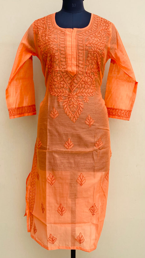 Lucknowi Chikankari Self Kurti Orange Mal Chanderi