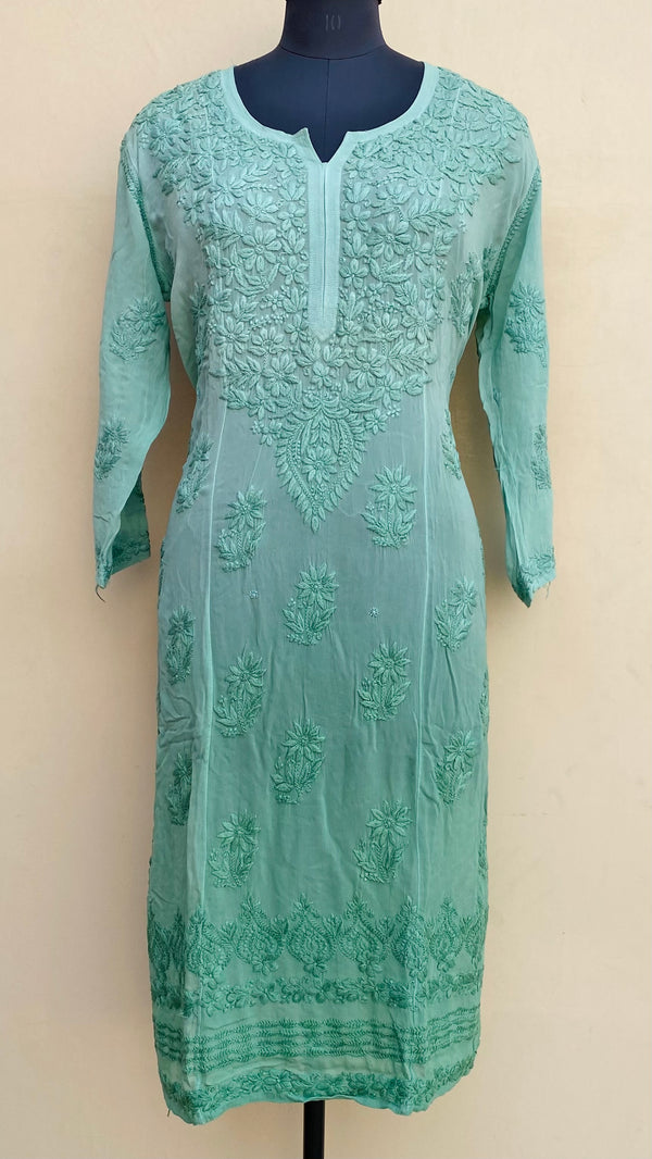 Lucknowi Chikankari Ombre Kurti Teal Green Pure Georgette With Self 3D Work